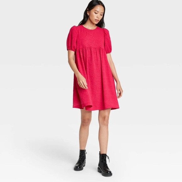 Who What Wear Vibrant Pink Puff Sleeve Mini Dress - Picture 1 of 2
